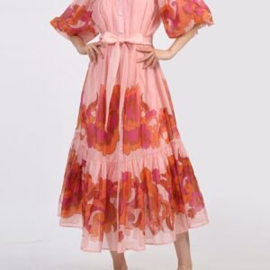 Button Front Puff Sleeve Dress - Pink - image 4