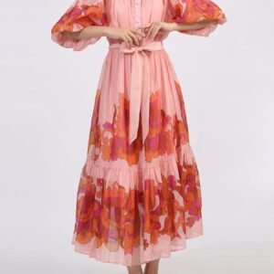 Button Front Puff Sleeve Dress - Pink - image 5