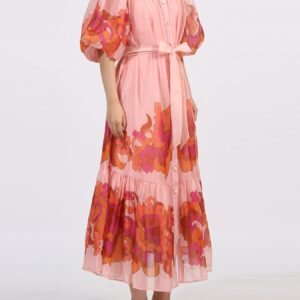 Button Front Puff Sleeve Dress - Pink - image 6