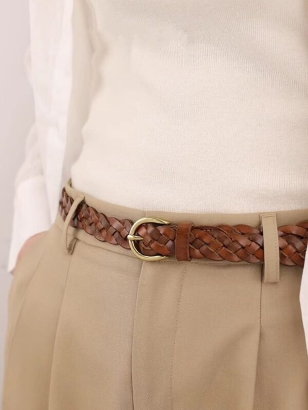 Cowhide Braided Leather Belt - Brown One Size | LEXAZI - View 1