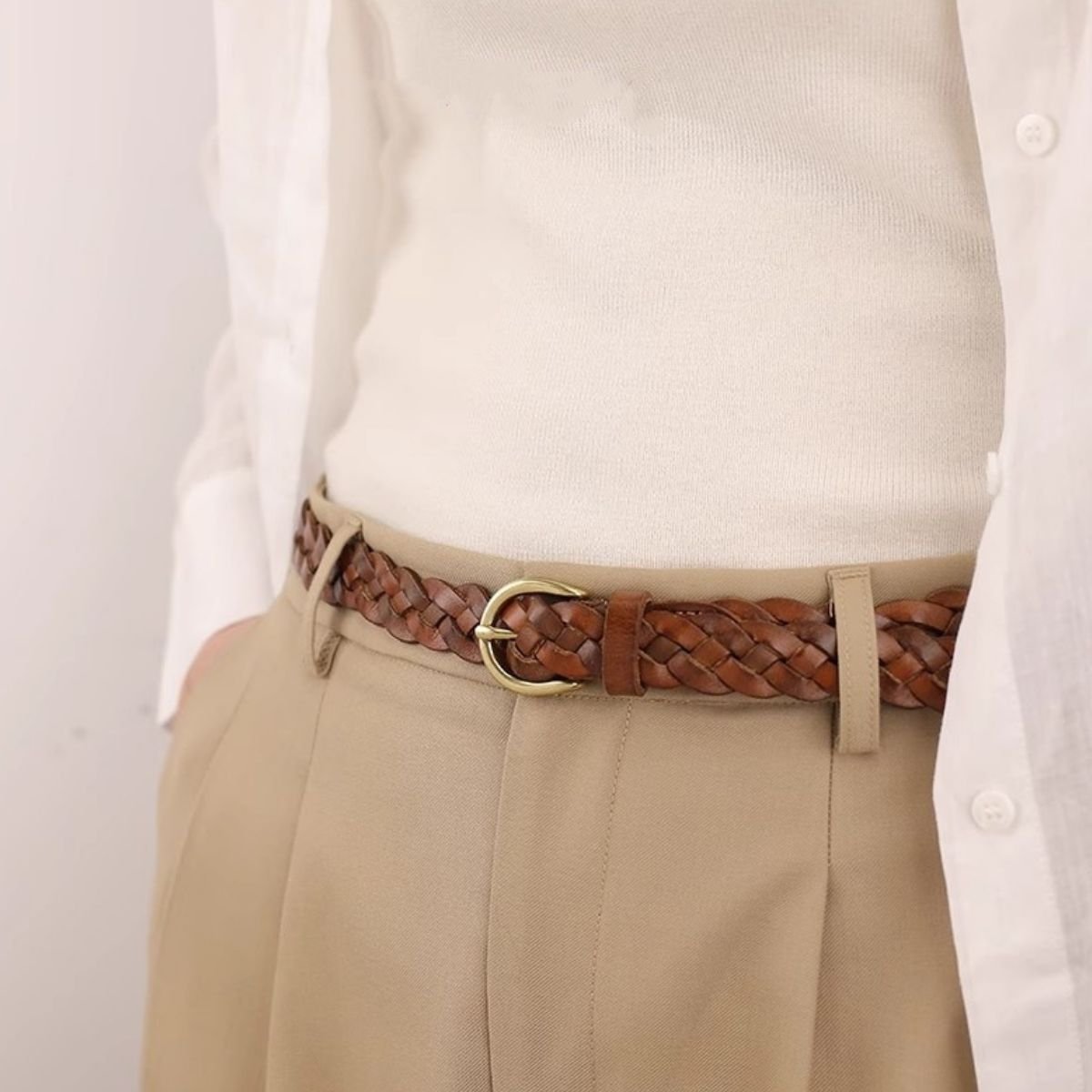 Cowhide Braided Leather Belt - Brown One Size