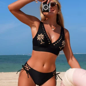 Palm Tree Cutout Lace-Up Swim Set - Two-Piece Resort - image 2