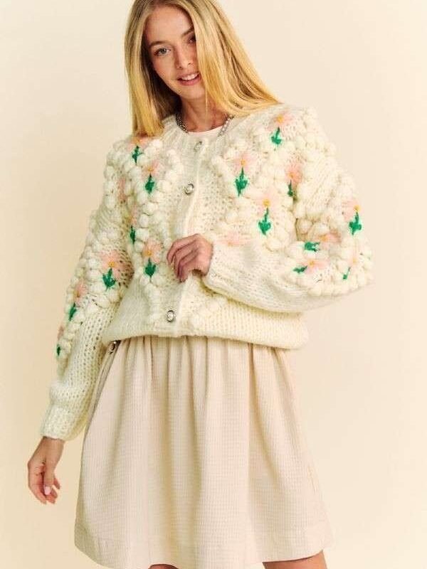 Cardigan Davi Dani Floral Button Down - Cream Acrylic - View 1