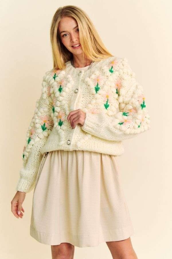 Cardigan Davi Dani Floral Button Down - Cream Acrylic