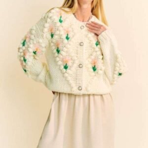 Cardigan Davi Dani Floral Button Down - Cream Acrylic - image 6