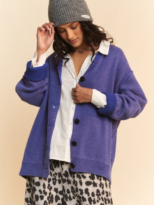Cardigan Davi Dani Azure Cotton Shawl Collar Button Up - View 1