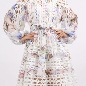Lace Eyelet Mini Holiday Dress with Balloon Sleeves - image 1