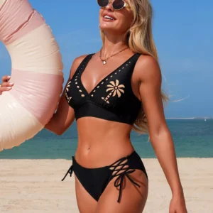 Palm Tree Cutout Lace-Up Swim Set - Two-Piece Resort - image 4