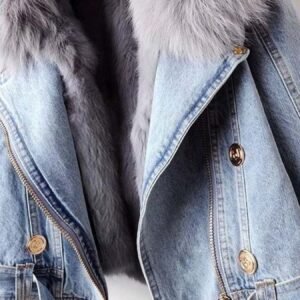 Plus Size Faux Fur Collar Denim Jacket - Resort Style - image 4
