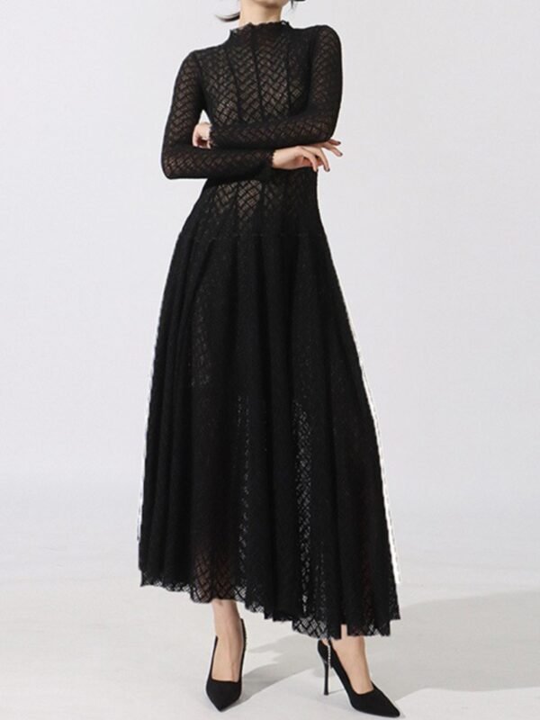 Lace Mock Neck Maxi Gown with Long Sleeves - Black - View 1