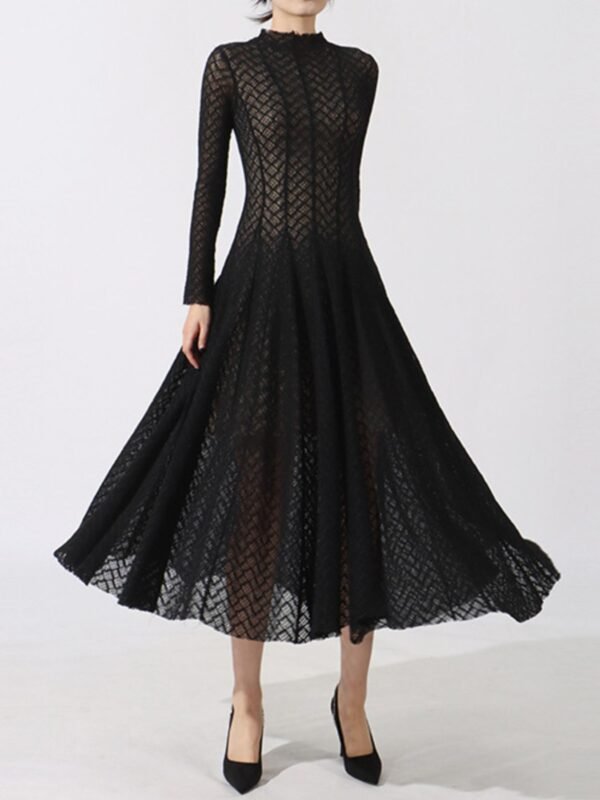 Lace Mock Neck Maxi Gown with Long Sleeves - Black - alternate view