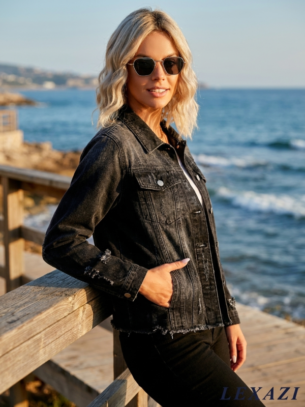 Distressed denim jacket raw hem Mediterranean by Lexazi