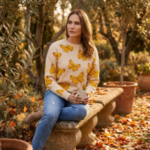 Dropped Shoulder Crewneck Sweater with Butterfly Embroidery - image 1