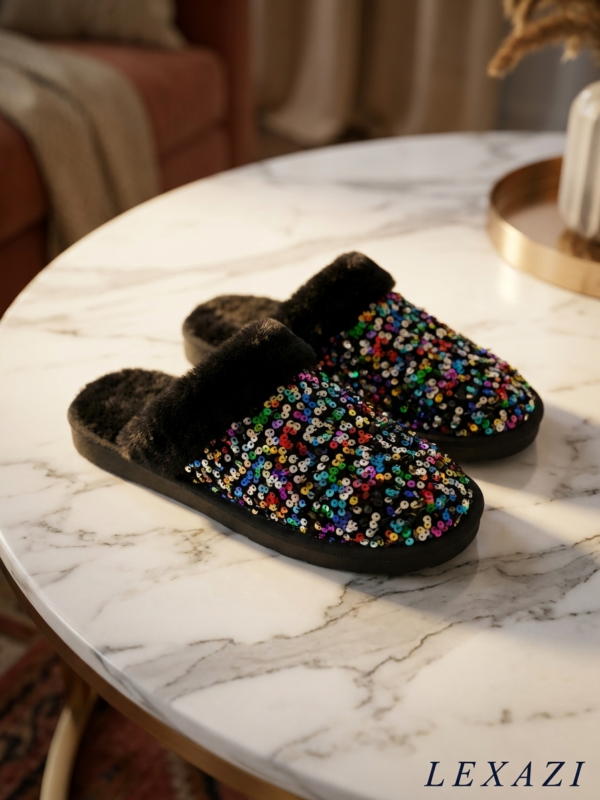 Faux fur sequin slippers cozy glam by Lexazi