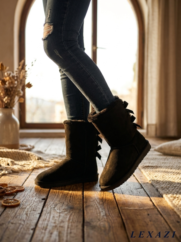 Faux suede boots with bow detail by Lexazi