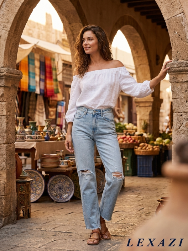 High waist straight leg jeans distressed by Lexazi