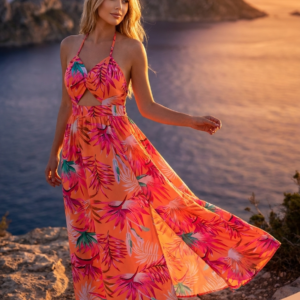 Maxi Halter Dress with Backless Cutout — Mediterranean Style - image 1