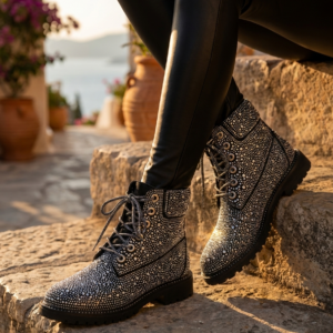 Rhinestone Combat Boots with Platform Heel for Resort Style - image 1