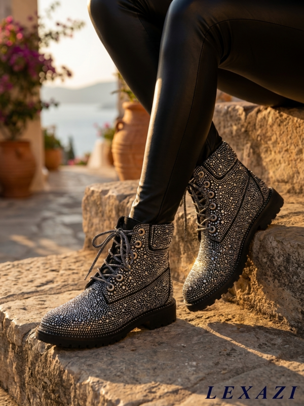 Rhinestone combat boots platform heel by Lexazi