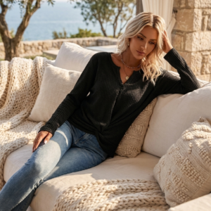 Waffle Knit Long Sleeve Top with Twist Front - image 1