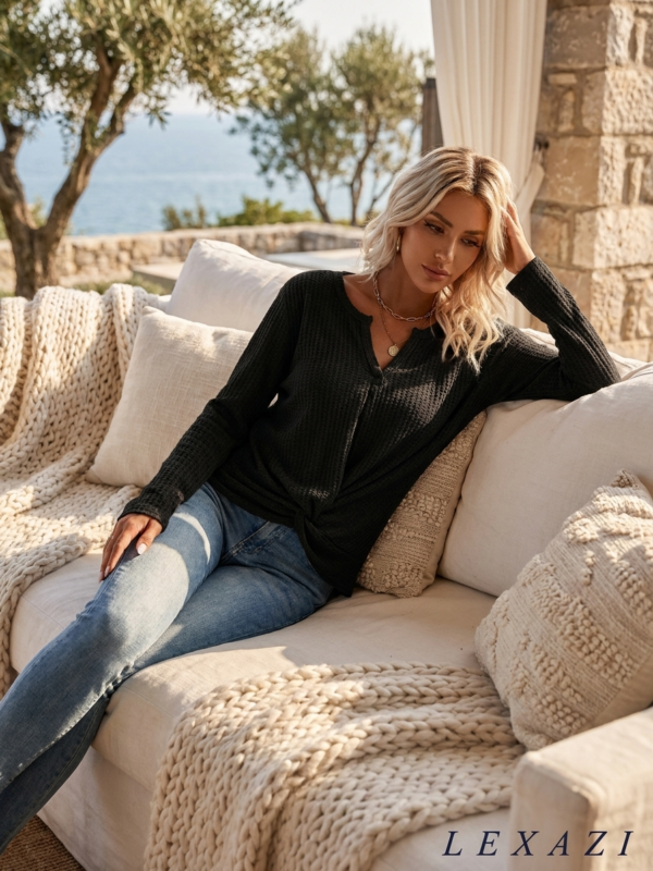 Waffle knit long sleeve top twist front by Lexazi