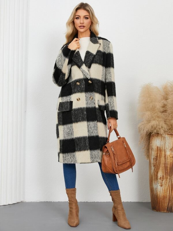 Plaid Double-Breasted Coat - Stylish Denim Coat Gap Filler - View 1