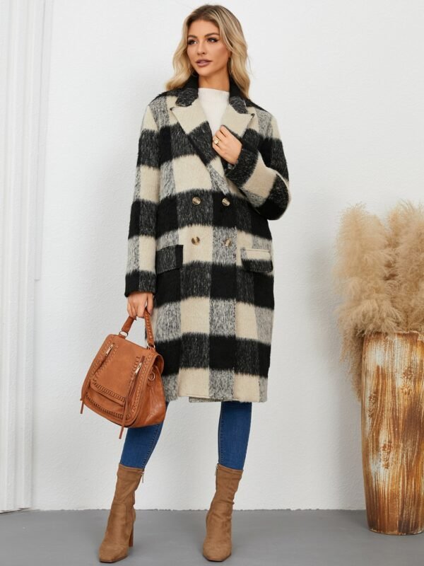 Plaid Double-Breasted Coat - Stylish Denim Coat Gap Filler - alternate view
