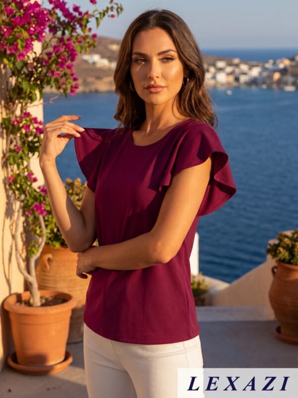 Butterfly Sleeve Top with Round Neck for Resort Style in Mediterranean resort setting — bikini bikini top, top with coat | Lexazi
