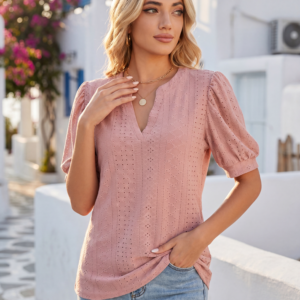 Notched Neck Eyelet Top with Puff Sleeves — Mykonos Ready - image 1