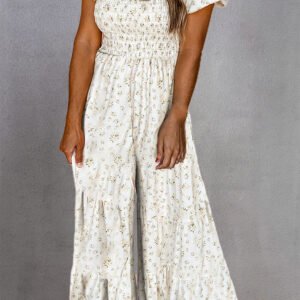 Smocked Printed Jumpsuit – White Resort Wear - image 1