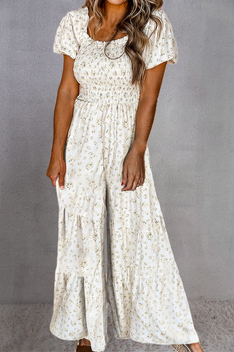 Smocked Printed Jumpsuit – White Resort Wear