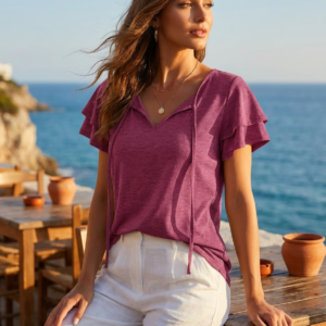 Tie-Neck Flutter Sleeve Blouse for Coastal Getaways - image 1