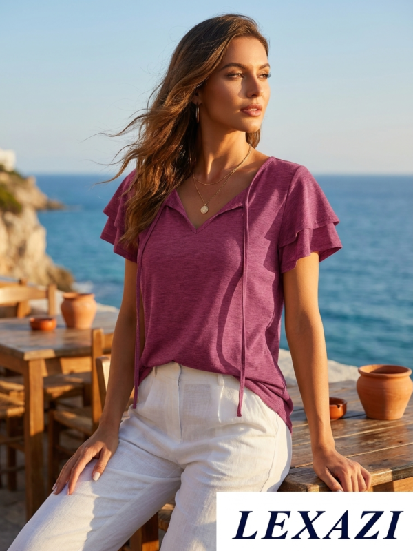 Tie-neck flutter sleeve blouse for coastal getaways by Lexazi
