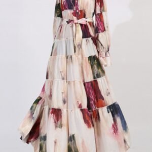 Tiered Tie Waist Maxi Dress | Apricot & Burgundy - image 1