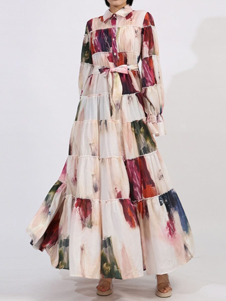Tiered Tie Waist Maxi Dress | Apricot & Burgundy
