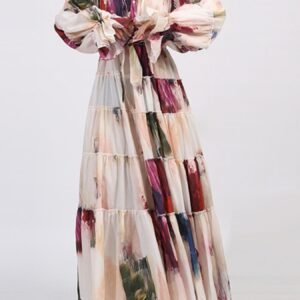 Tiered Tie Waist Maxi Dress | Apricot & Burgundy - image 2