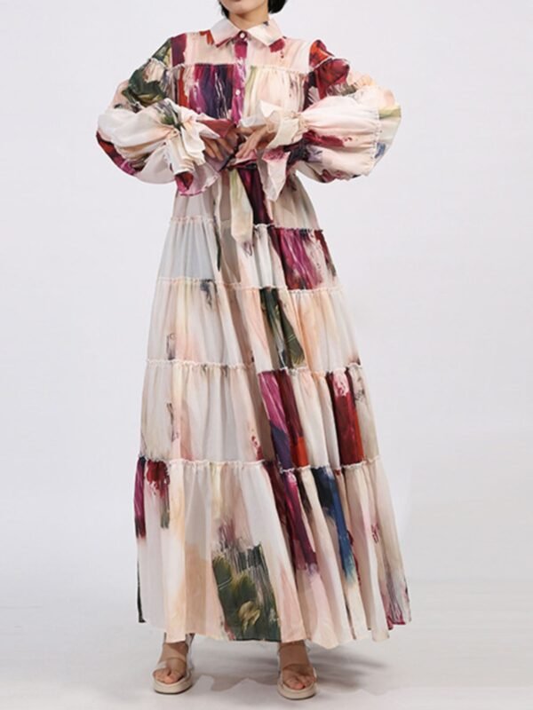 Tiered Tie Waist Maxi Dress | Apricot & Burgundy - alternate view