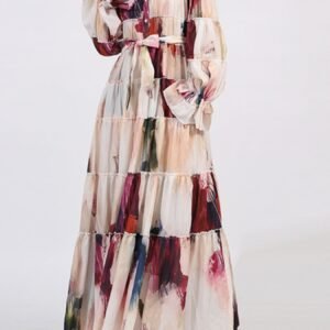 Tiered Tie Waist Maxi Dress | Apricot & Burgundy - image 3