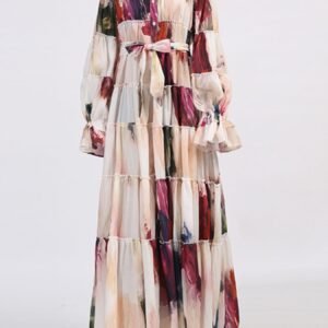 Tiered Tie Waist Maxi Dress | Apricot & Burgundy - image 5