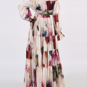 Tiered Tie Waist Maxi Dress | Apricot & Burgundy - image 6