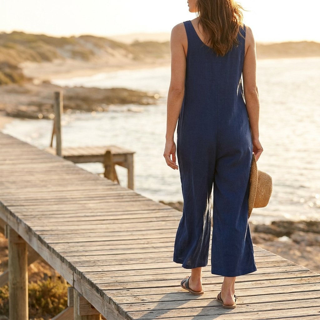 Navy blue wide-leg linen jumpsuit on a woman at a Mediterranean seaside boardwalk