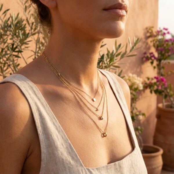 Delicate layered gold necklaces on sun-kissed skin with Mediterranean terracotta background