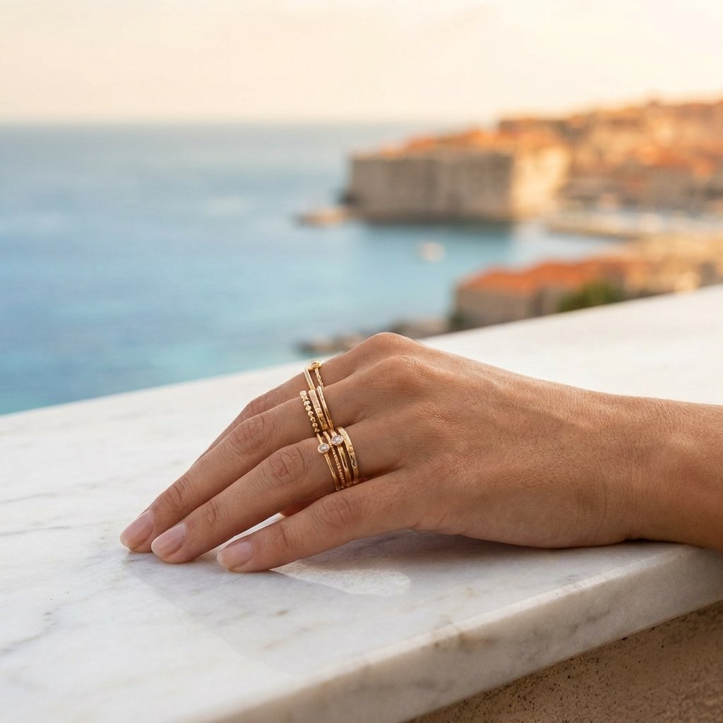 Elegant gold stacking rings on a woman's hand on white marble with Mediterranean seascape