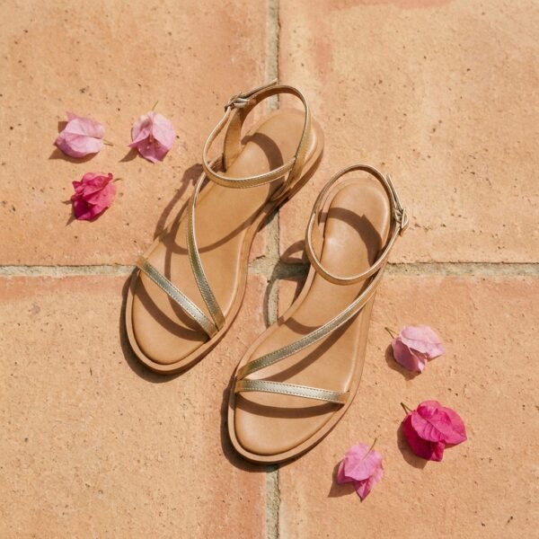 Elegant gold-strapped leather sandals on warm terracotta tiles with Mediterranean sunlight
