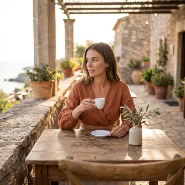 Stylish terracotta linen blouse worn at an outdoor Mediterranean café