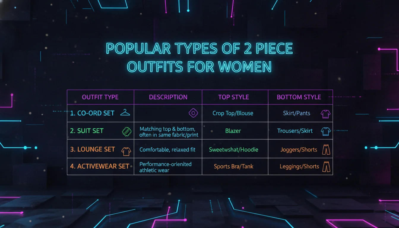 Visual guide to Popular Types of 2 Piece Outfits for Women: Comparison Table