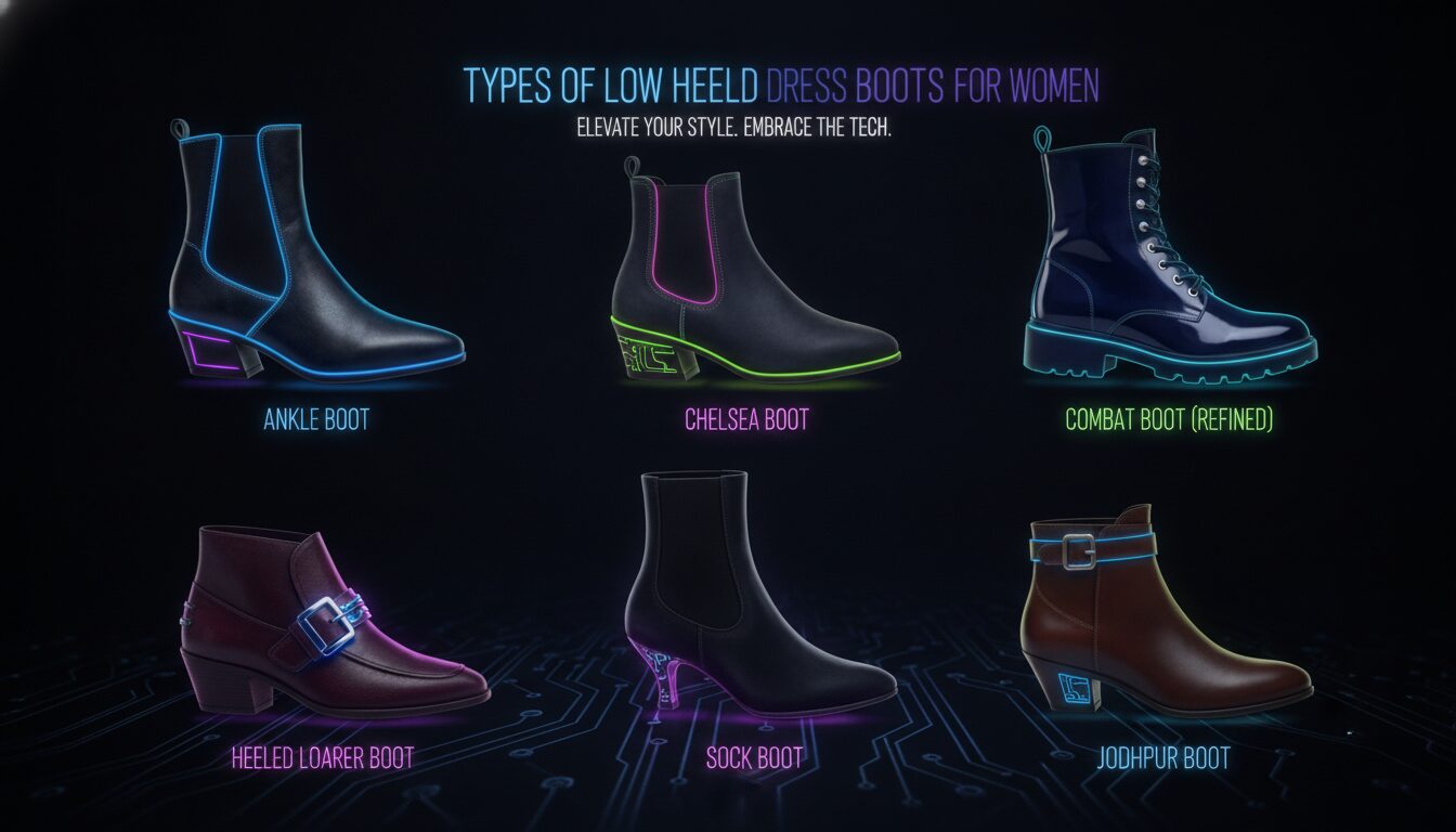 Visual guide to Types of Low Heeled Dress Boots for Women