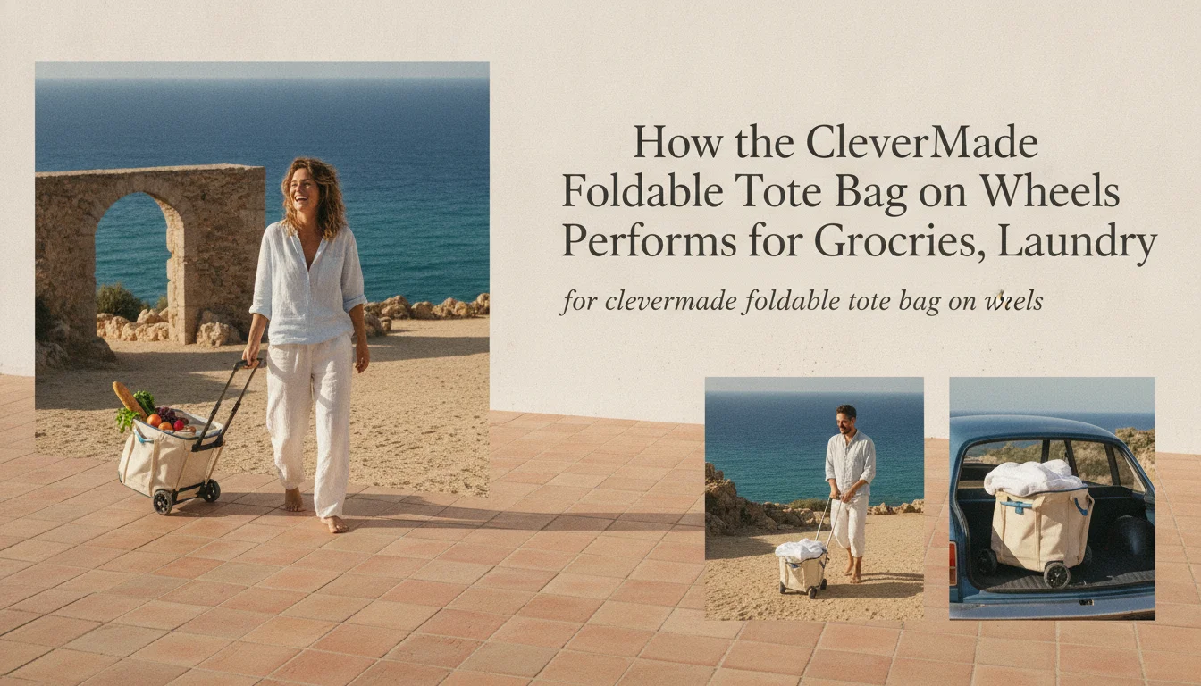Concept illustration for How the CleverMade Foldable Tote Bag on Wheels Performs for Groceries, Laundry, and Travel