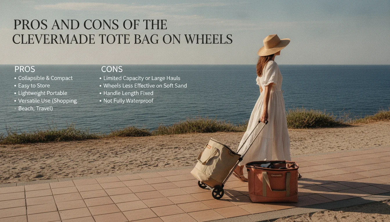 Pros and Cons of the CleverMade Foldable Tote Bag on Wheels — illustrated overview