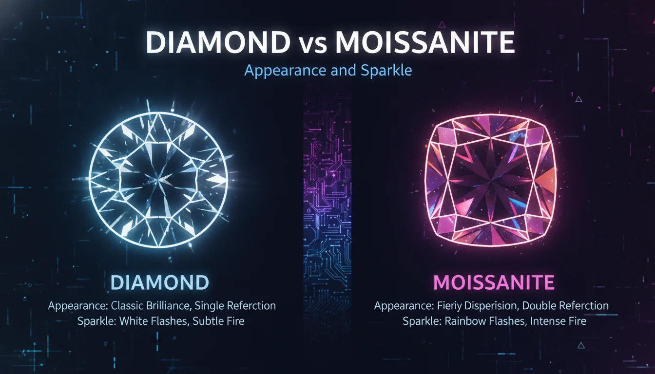 Visual guide to Diamond vs Moissanite: Appearance and Sparkle